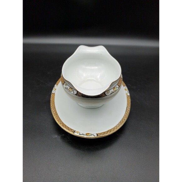 Noritake Gravy Boat Under Plate Japan Geometric Band Florals with Gold 1918 - Picture 5 of 12